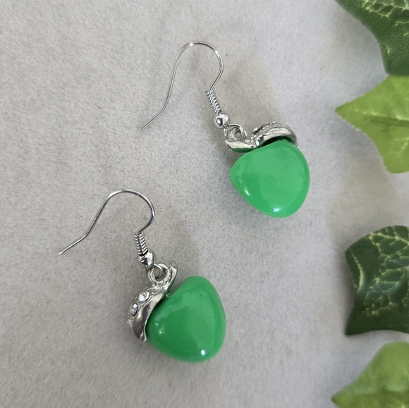 Silver and Green Apple Drop Earrings - Picture 4 of 7